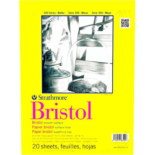 Strathmore 300 Series Bristol Paper Pad, Smooth, Tape Bound, 9x12 inches, 20 Sheets (100lb/270g) - Artist Paper for Adults and Students - Markers, Pen and Ink