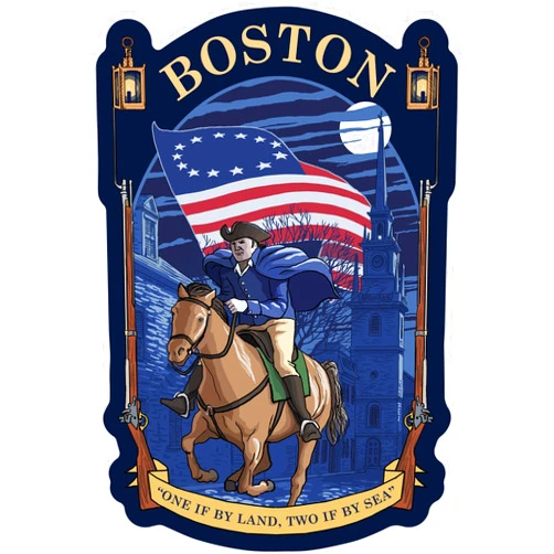 Lantern Press Die Cut Sticker Boston, Massachusetts, Old North Church and Paul Revere, Contour Vinyl Sticker 3 to 6 inches, (Waterproof Decal for Cars, Water Bottles, Laptops, Coolers), Large