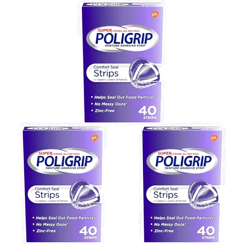 Super Poli-Grip Super Poligrip Strips Size 40 Ct Poligrip Strong All Day Comfort Seal Denture Adhesive Strips (Pack of 3)