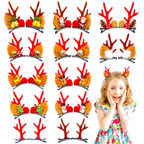 Haawooky 12 Pairs Christmas Hair Clips,Christmas Reindeer Hair Clip,Deer Horn Barrettes for Women Girls Christmas Hair Accessories