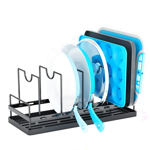 ANTOPY Adjustable Pot Lid Organizer, Pots and Pans Organizer for Cabinet with Silicone Drying Tray, Cutting Board Cookware Bakeware Cookie Sheet Dishes Holder Rack for Kitchen Organizers and Storage