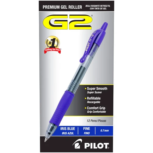 Pilot, G2 Premium Gel Roller Pens, Fine Point 0.7 mm, Iris Blue, Pack of 12