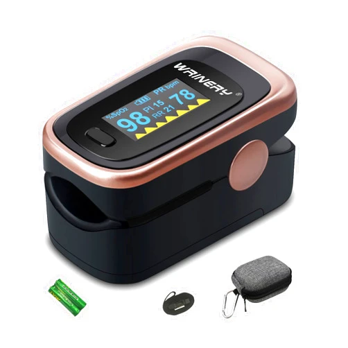 WRINERY Pulse Oximeter Fingertip, Oxygen/ O2 Saturation Monitor, OLED Portable Oximetry with Batteries, Lanyard (Rose gold-black)