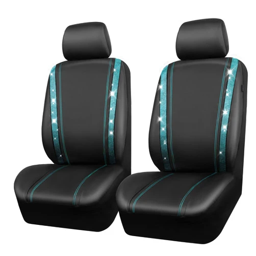 CAR PASS Leather Diamond Bling Car Seat Covers 2 Front Interior Sets, Waterproof Universal Shining Glitter Crystal Sparkle Fit for 95% Automotive Truck SUV Cute Women Girl, Black Mint Rhinestone