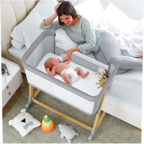 AMKE Baby Bassinets,All mesh Bedside Sleeper,Portable for Safe Co-Sleeping,Adjustable Crib,Baby Bed for Infant Newborn (Wood Grain Gray)