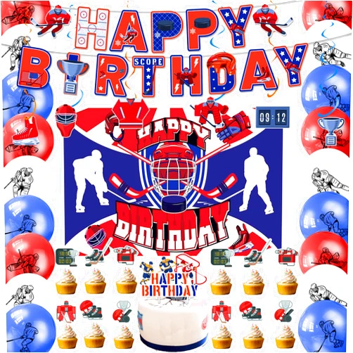 HJHLYYANM Hockey Birthday Party Decoration Ice Hockey Party Supplies Include HAPPY BIRTHDAY Banner Balloons Cake Topper Cupcake Toppers Spirals Background Hockey Party Decoration