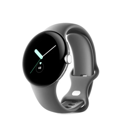 Google Pixel - Android Smartwatch with Fitbit Activity Tracking - Heart Rate Tracking Watch - Polished Silver Stainless Steel case with Charcoal Active band - LTE