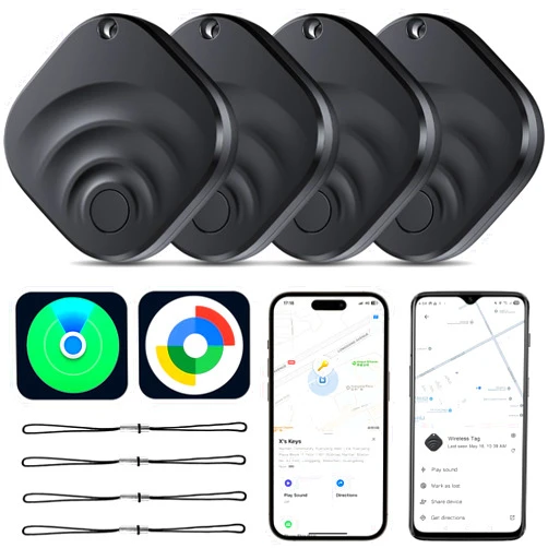 TIMU 4 Pack Dual System Tracker for iOS and Android Bluetooth Tracker Smart Tags Compatible with Apple Find My (iOS) & Google's Find Hub(Android) for Keys, Luggage, Wallet, Vehicles