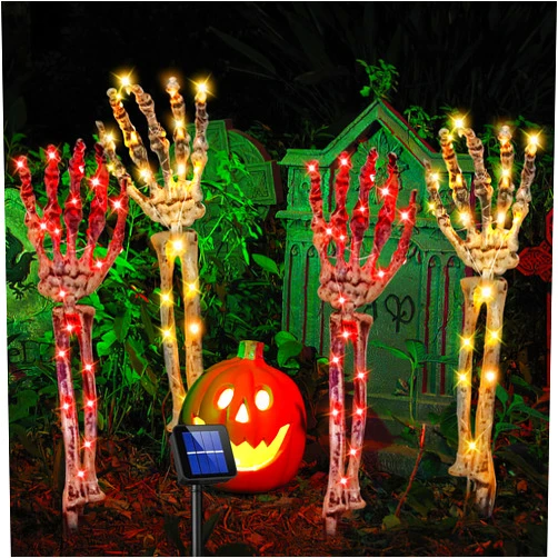 AXRUNZE Solar Halloween Decorations,4 Pack Solar Powered Glowing Skeleton Arm Stakes Light, Scary Skeleton Halloween Decor, Arms Crawling Out of Patio Walkway, Indoor Outdoor Party, Lawn Yard Garden