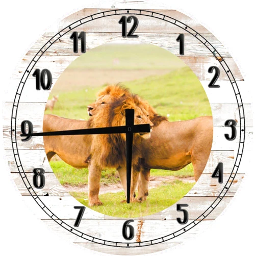 AT Wall Art Lion Wall Art African Golden Lions - King and Queen of The Jungle Large Round Wood Wall Clock Decor 18 Inch White