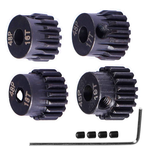 Aodyow 48P Hardened Steel Upgrade Pinion Gear Set: 16T 17T 18T 19T fit 3.175mm (1/8-Inch) RC Motor Shaft (Work with Steel Spur Gear) for RC Cars, Set of 4
