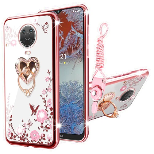 KuDiNi for Nokia G20 Case, Nokia G10 Case, Nokia 6.3 Case for Women Glitter Crystal Soft Tpu Bling Cute Butterfly Heart Floral Clear Protective Cover with Ring Kickstand+Strap for Nokia G20 (Rose Gold)