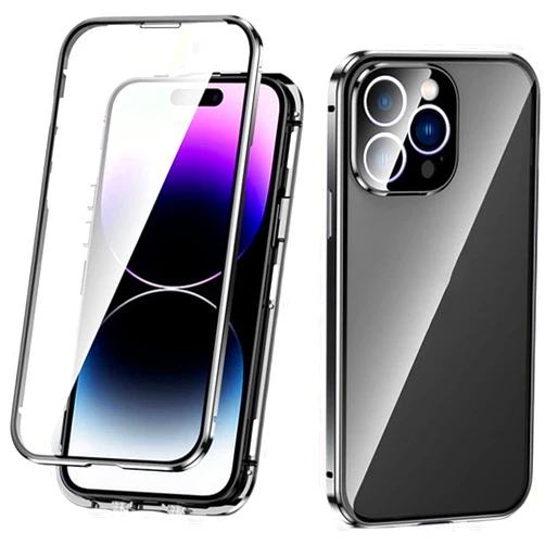 GHFHSG Magnetic Case for iPhone 14 Pro Max, Double Sided Tempered Glass Phone Case with Camera Protector and Safety Lock, 360 Full Protective Case for iPhone 14 Pro Max 2022 (Color : Preto)