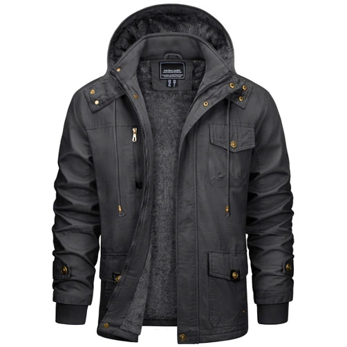 CRYSULLY Men's Winter Jacket Cotton Military Jackets Fleece Lined Thick Warm Cargo Coats Multi-Pocket Outwear with Hooded