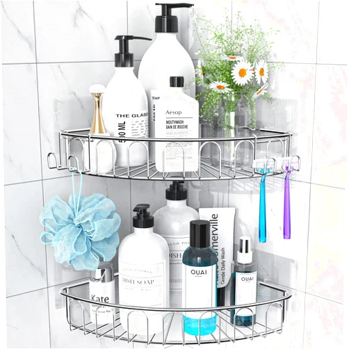 Orimade Corner Shower Caddy Stainless Steel with Hooks Wall Mounted Bathroom Shelf Storage Organizer Adhesive No Drilling 2 Pack, Silver Only for 90-Degree Corner
