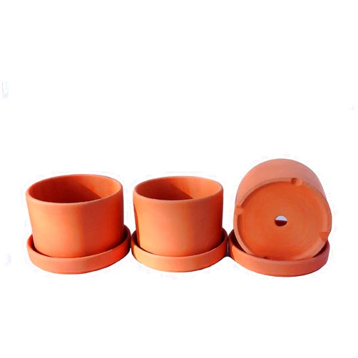 Goodman and Wife Fat Walled Terracotta Planter with Drainage Hole and Saucer Cylindrical Plants Flower Containers Unglazed Clay Pots - Set of 3