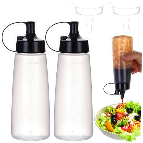Deesoo Squeeze Bottles for Sauces Condiment Squeeze Bottles, Translucent 400ml/13.5oz Squirt Bottle for Sauces Ketchup Hot Sauce, Liquid Dispenser Set for Kitchen Arts and Crafts, Wide Mouth 2 Pack