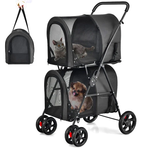 Giantex Double Pet Stroller with 2 Detachable Carrier Bags, Safety Belt, 4 Lockable Wheels, Folding Cat & Dog Stroller for Small Medium Pets, Cats Dogs Puppy Travel Strolling Cart (Black)
