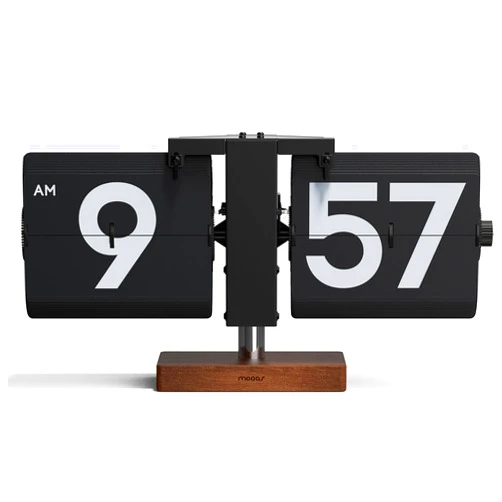 mooas Classic Modern Wood Big Flip Desk Clock (Black), Retro Vintage Analog Design Auto Flip Clock Table Clock Large Number Battery Powered, Ideal for Home Office School Hotel Café