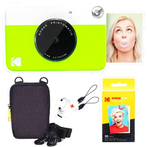 Kodak Printomatic Instant Camera (Green) Basic Bundle + Zink Paper (20 Sheets) + Deluxe Case