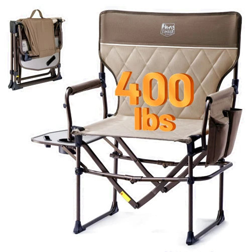 TIMBER RIDGE Heavy Duty Camping Chair with Compact Size, Portable Directors Chair with Side Table and Pocket for Camping, Lawn, Sports and Fishing, Supports Up to 400lbs,Tan