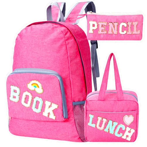 Paterr 3 Pcs School Backpack Set for Girls Teen Preppy Back to School Gift Pink Chenille Letter Bookbag with Lunch Bag and Pencil Pouch Heart Rainbow Patches