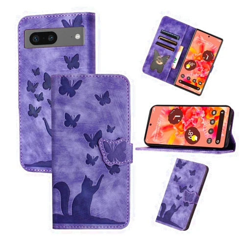Mavis's Diary Pixel 7 Case Wallet with Card Holder for Women, Cute Butterfly Cat Embossing Leather Folio Cover Folding Flip Phone Case Compatible with Google Pixel 7 6.3