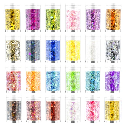 Generic Holographic Chunky and Fine Glitter Mix, 24 Colors Festival Sequins & Glitter Powder, Iridescent Glitter Flakes, Cosmetic Face Body Eye Hair Nail Art Resin Tumbler Loose Glitter
