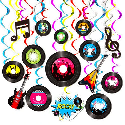 BigButer 60 Pieces 50s Party Rock and Roll Music Party Decorations Hanging Swirls Music Record Cutouts Hanging Banner Double Sides Ceiling Decor with Streamer Garden Decor for Music Birthday Party Supplies