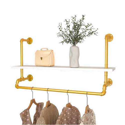 HOMEKAYT Industrial Pipe Clothing Rack Wall Mounted Gold Clothes Rack with Wooden Shelf Vintage Hanging Rack for Bedroom, Living room
