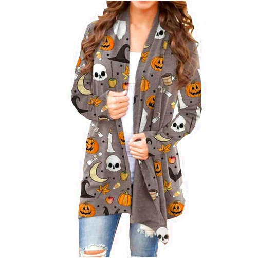 GLIGLITTR Women's Halloween Pumpkin Cat Print Knitting Cardigan Long Sleeve Open Front Knitted Sweater Outwear Coat Tops