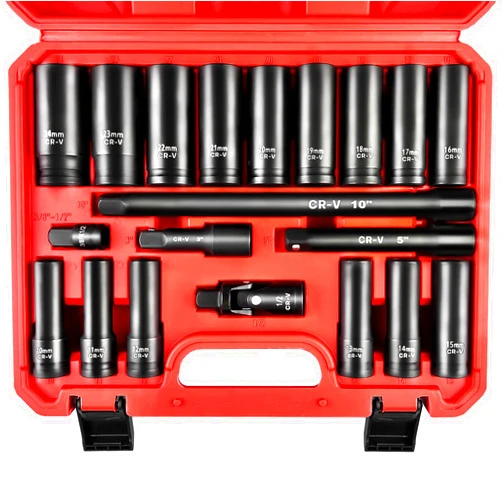 WETT 1/2-Inch Drive Deep Impact Socket Set, 20 Piece Metric Socket Set, 6 Point, Cr-V Steel, 10-24mm, Universal Joint, Adapter and Extension Bar