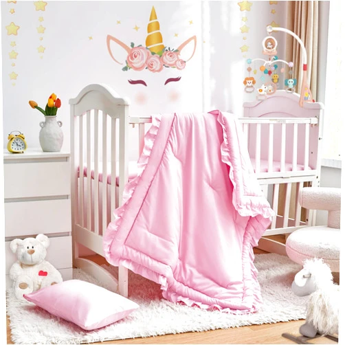 UOZZI BEDDING 3 Pieces Crib Bedding Set Baby Ruffle Quilted Comforter with Fitted Sheet and Pillow - Cute Ruffled Shabby Chic Bedding Soft Blanket Design Pink