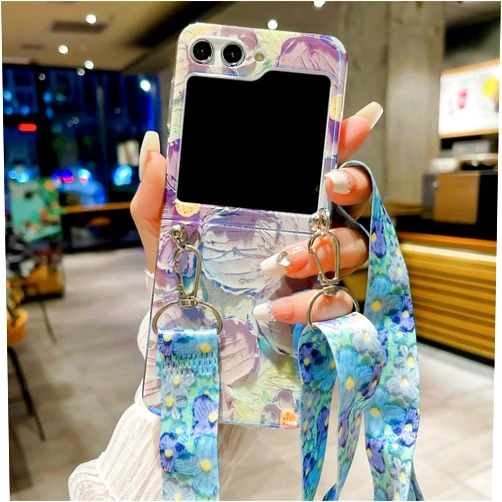 ADKOT Blue Light Oil Painting Flowers Fold Case for Samsung Z Flip5 5g Z Flip3 Flip4 Z Flip 5 Glitter Cartoon Camera Crossbody Cover,YouHua Blue,for Samsung Z Flip5