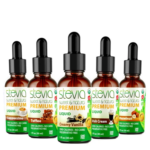 AnuMed International Stevia Intl - (Pack of 5) Coffee Lovers Bundle with 5 Flavors. Stevia Liquid Drops. All Naturally Sweet, Non-Bitter, No Sugar Added, 0 Carb, 0 Calorie, Non-GMO, Vegan, Diabetic & Keto Friendly (1oz)