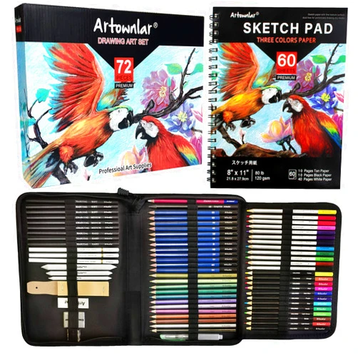 Artownlar 72 Pack Drawing Sketching Set with 8x11 Sketchbook | Pro Art Supplies Kit for Artist Adults Teens Beginner | Graphite Charcoal, Watercolor & Metallic Colored Pencils in Gift Case.