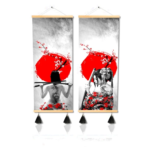 MBOUFOEY Red Grey Ancient Japan Warrior and Cherry Blossom Scroll Painting Women Samurai Canvas Wall Art Print Poster Ready To Hang Vintage Style Artwork Home Decor Framed 16