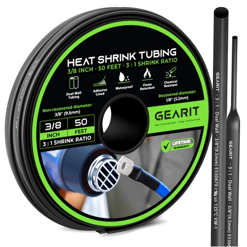 GEARit 3/8 inch Heat Shrink Tubing - 3:1 Ratio Adhesive Lined, Marine-Grade Waterproof Industrial Shrink Wrap, Dual-Wall Tubing, UL Approved - 50FT Roll - Black