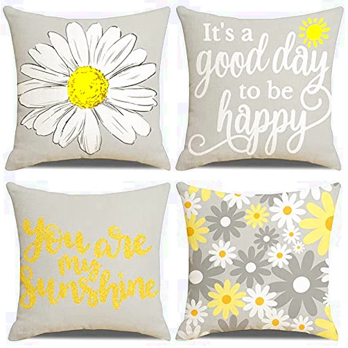 Yilzo Pack of 4 Decorative Square Sunflower Throw Pillow Covers Set Daisy Pillow Cases Summer Decorations Cushion Case for Couch Sofa Bedroom Living Room Car 18 x 18 Inch (Sun Flower)