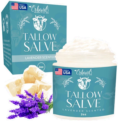 Erbaid Beef Tallow Salve – All Natural Grass Fed Beef Tallow & Honey All Purpose Balm – Moisturizing Body Salve Great for Eczema, Cracked, Dry, Itchy, Irritated Skin – Skin Repair Skincare Made in USA