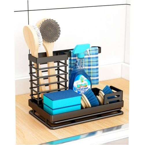 Fsawdnn Sink Caddy,Kitchen Sink Organizer Sponge Holder for Kitchen Sink with Removable Drain Pan Storage Home Essentials Accessories（Matte Black）