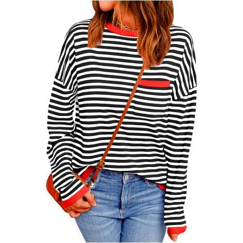 LILLUSORY Womens Oversized Striped Soft Knit Pullover Sweater Shirts with Chest Pocket