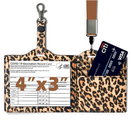 CXPZG Vaccine Card Protector PU Leather 4x3 CDC Vaccination Card Holder Waterproof Vaccine Card Case Sleeve with Lanyard Keychain,Brown Leopard