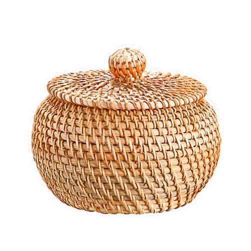Hipiwe Round Rattan Basket Boxes With Lid Hand-Woven Wicker Storage Baskets Bin Decorative Basket Box Multi-Purpose Picnic Food Bread Basket Small Keys Basket Bowl for Entryway (X-Small,4.7