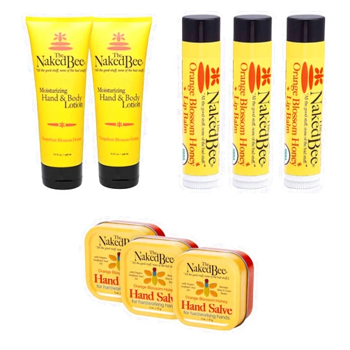 The Naked Bee Orange Blossom Honey Hand Salve 2oz + Grapefruit Blossom Honey Hand and Body Lotion 6.7oz + Organic Orange Blossom Honey Lip Balms
