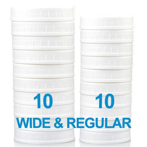 AOZITA 10 WIDE Mouth & 10 REGULAR Mouth Mason Jar Lids - 20 Pack Food Grade Plastic Mason Jar Caps for Ball, Kerr and More Canning Jars - Leakproof & Dishwasher Safe - White