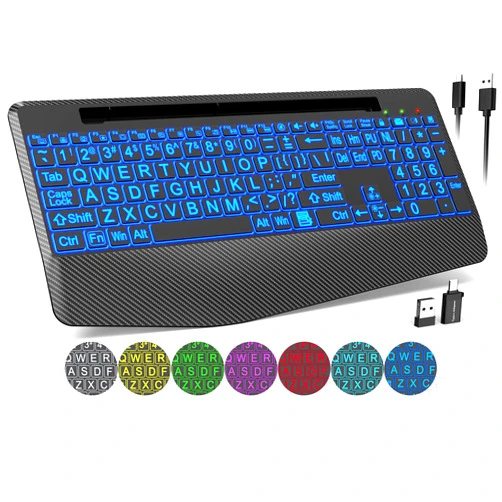 Trueque Wireless Keyboard with 7 Colored Backlits, Wrist Rest, Phone Holder, Rechargeable Ergonomic Computer Keyboard with Silent Keys, Full Size Lighted Keyboard for Windows, Mac, PC, Laptop (Large Print)