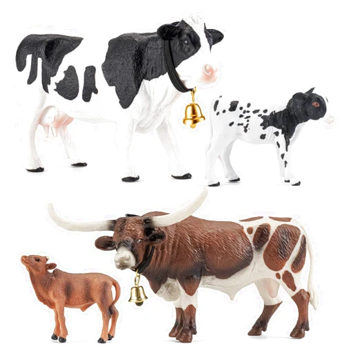 THINKBAY 4PCS Cows Bulls Longhorn Farm Animal Figurines Toys for Kids, Plastic Cow Farm Animals Figures for Boys Girls Include White Holstein & Texas Longhorn and 2 Calfs, Cake Toppers Party Favors