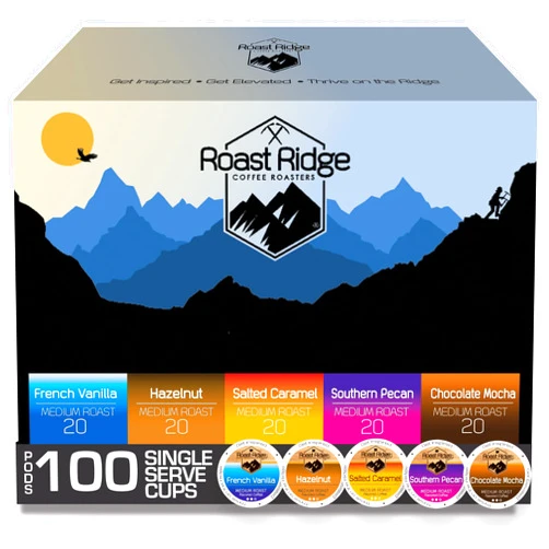 Roast Ridge Single Serve Coffee Pods for Keurig K-Cup Brewers, Variety Pack, 100 Count (20 each: Salted Caramel, Southern Pecan, Chocolate Mocha, Hazelnut, French Vanilla)