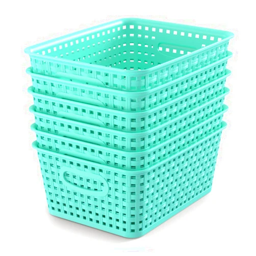 WYT 6-Pack Plastic Small Shelf Storage Weave Baskets Organizing for Cabinets and Pantries, Sky Blue